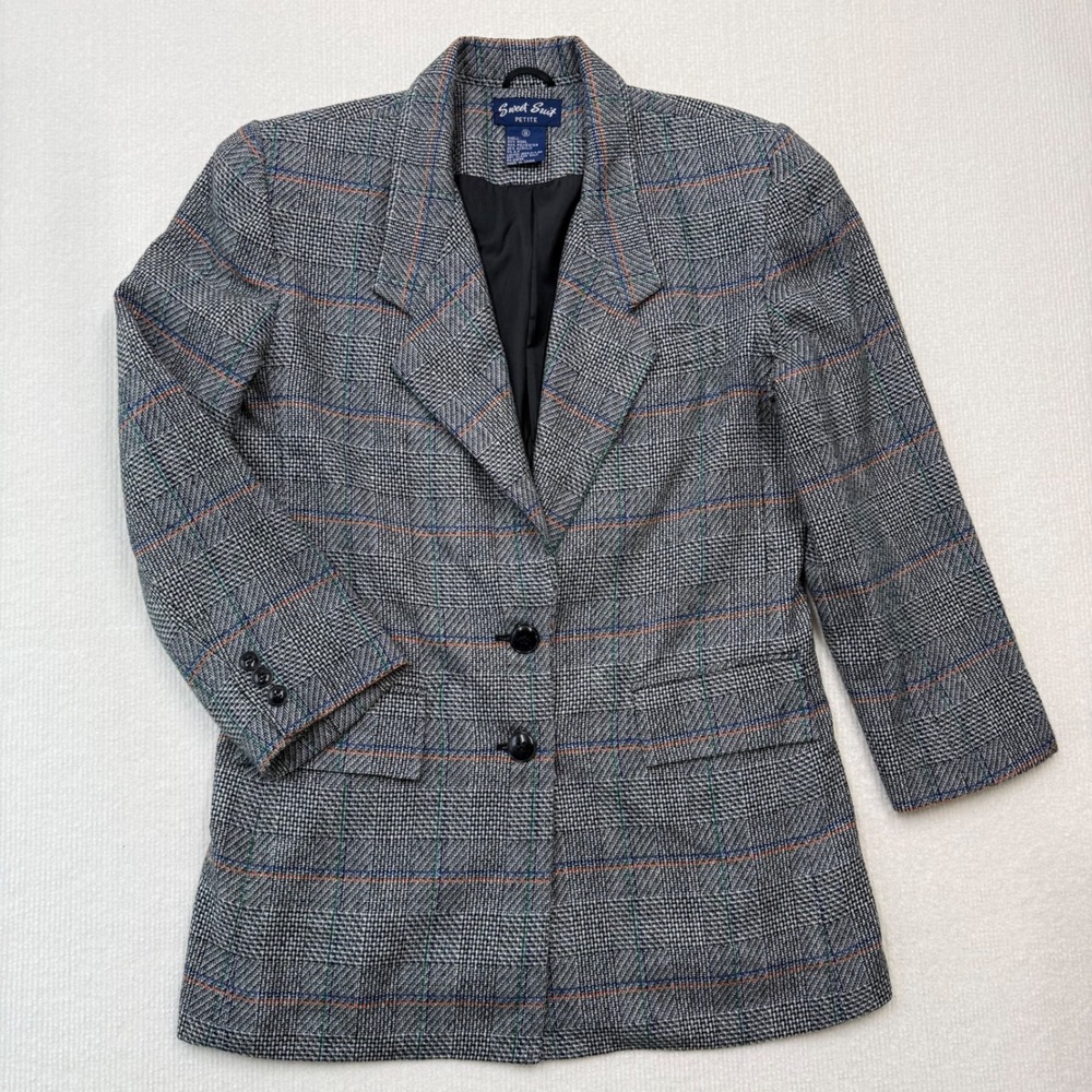 Vintage Sweet Suit Blazer Women 8P Grey Plaid Wool Blend Classic Preppy Office